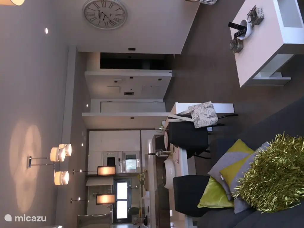 séjour avec canapé convertible, cuisine ouverte, climatisation