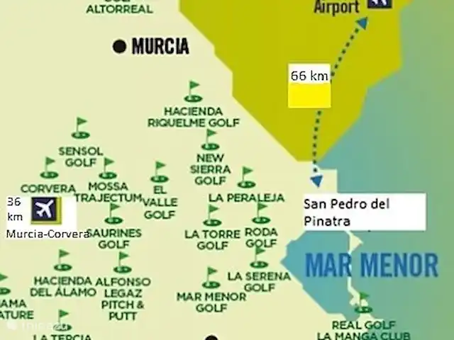 Casa de Sebilla -3 slpkmrs+3 badkmrs huren in Spanje, Murcia, San Pedro del Pinatar - villa Diverse Golfbanen in de buurt.  Bijv: Roda Golf resort ± 14 min. 
Las Colinas Golf & Country Club ± 20 min.                    
Vliegveld Alicante ± 50 min.
Murcia-Corvera Vliegveld. ± 35 min.