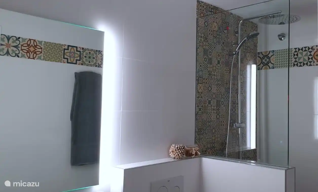 Das komplett renovierte Badezimmer verfügt über ein Doppelwaschbecken, eine Hängetoilette, eine begehbare Dusche und eine Fußbodenheizung. Q