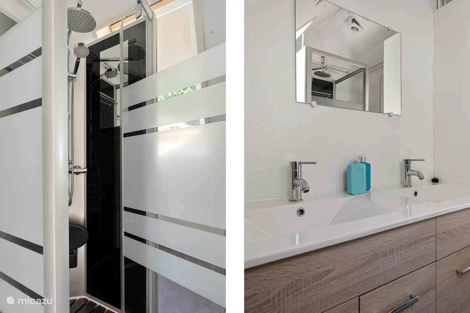 Bathroom with shower, double sink and urinal