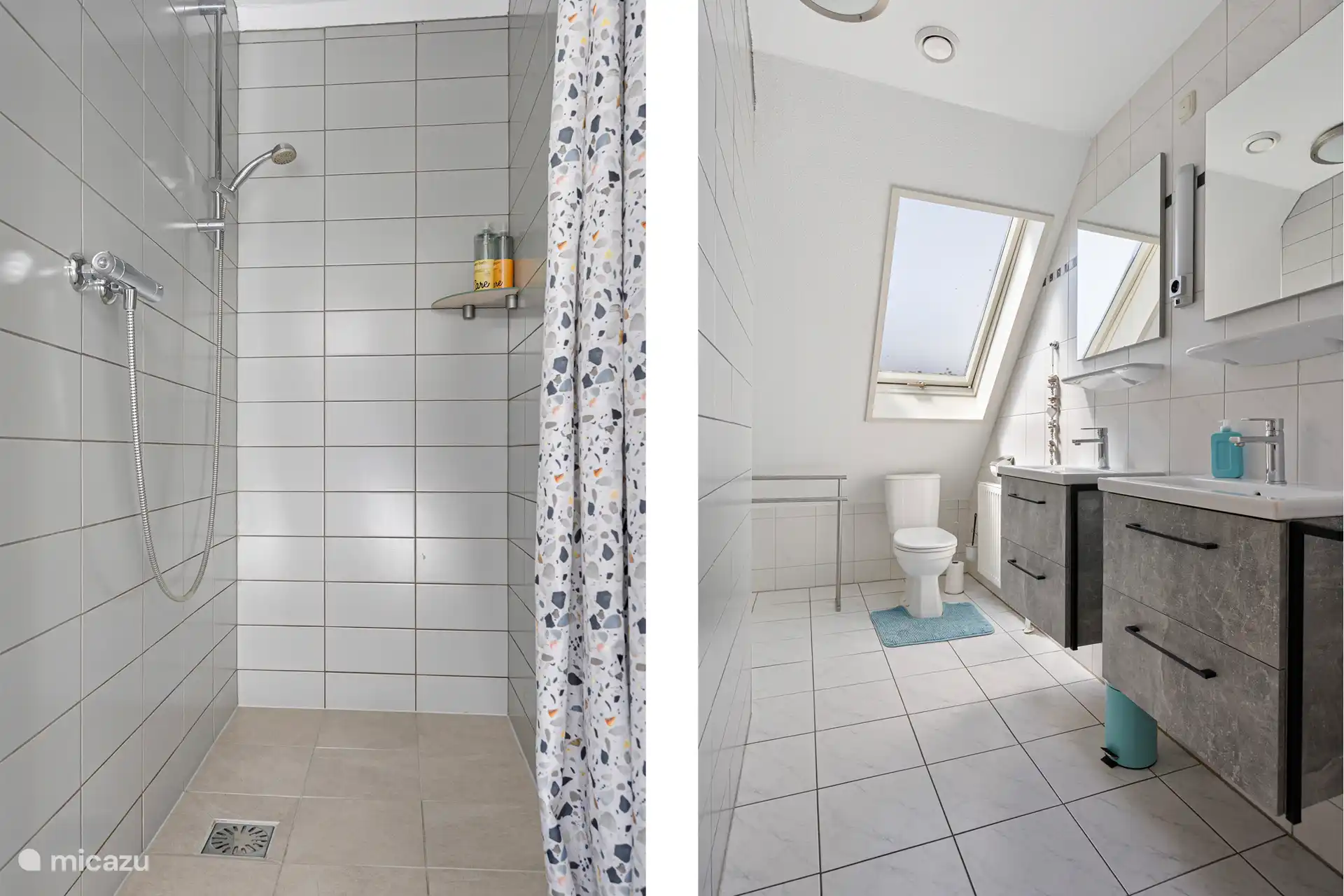 View into the separate shower and the bathroom with bath, toilet and double sink