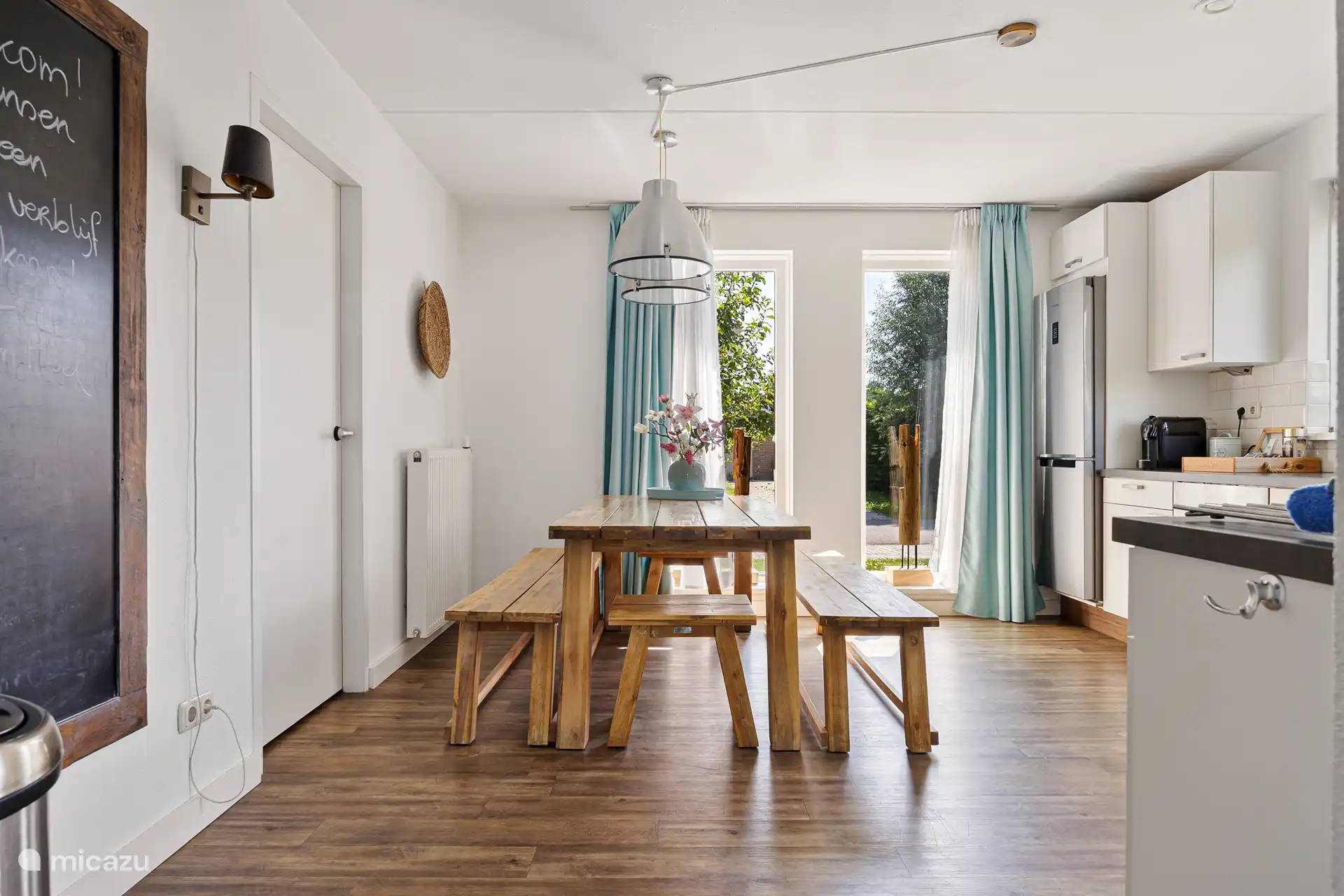Kitchen with fridge and freezer, extra fridge, coffee machine for Nespresso compatible capsules