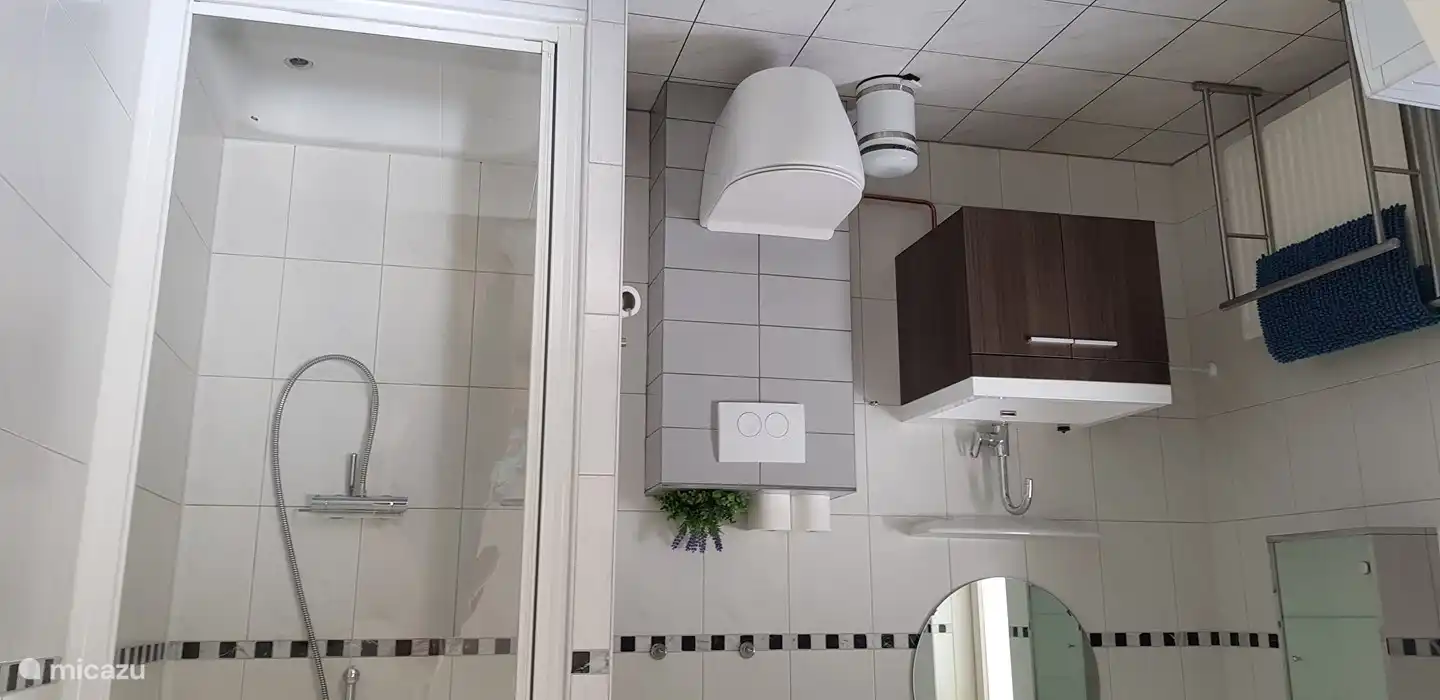 Badezimmer im Erdgeschoss (en suite) Dusche, Toilette, Waschbecken. Auch in diesem Raum eine Waschmaschine und Trockner.