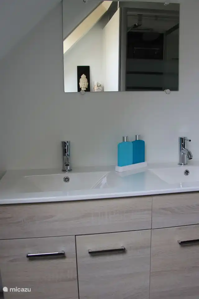 Badezimmer 2 mit doppelter Waschbecken-Duschkabine und Urinal