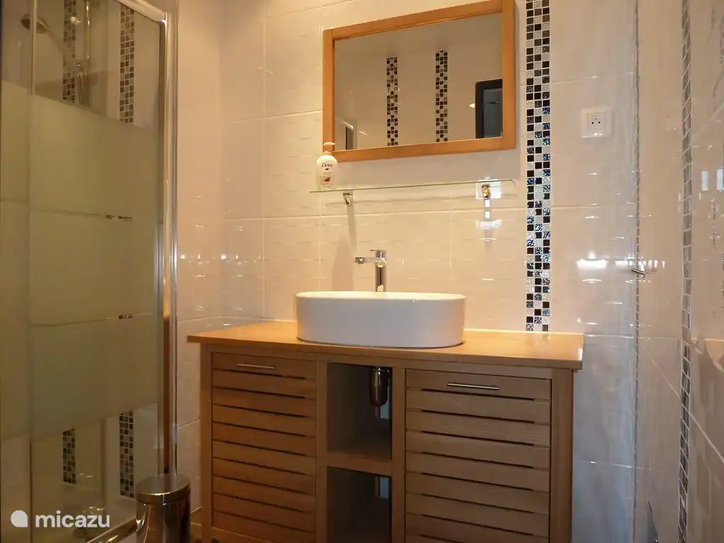 Salle de bain 2 avec douche à l’italienne spacieuse et lavabo. Cette salle de bain est située juste à côté du sauna. 