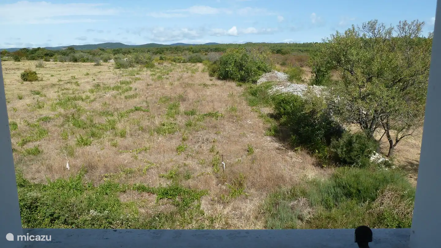 Vue sur les champs et la Montagne Noire depuis la fenêtre à l’arrière de la salle de la tour.