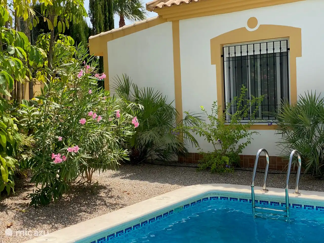 Privater Pool Casa Maravilla mit geräumiger Terrasse und Außendusche. Viele schöne Liegestühle und schöne Pflanzen. 