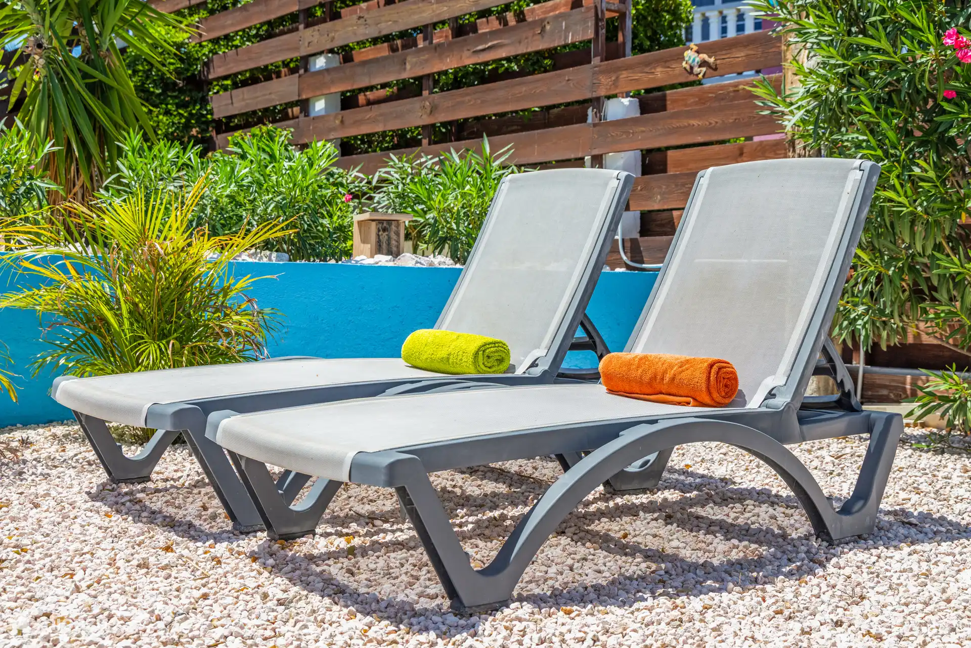 Tumbonas en jardín tropical