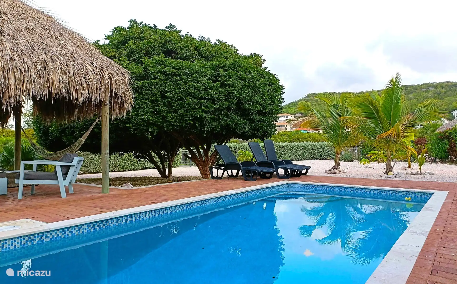 Du jardin une vue sur la piscine, vers les montagnes. Vous êtes très privé dans le jardin.