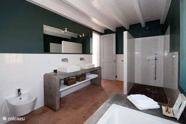 Großes Badezimmer mit ebenerdiger Dusche und Badewanne