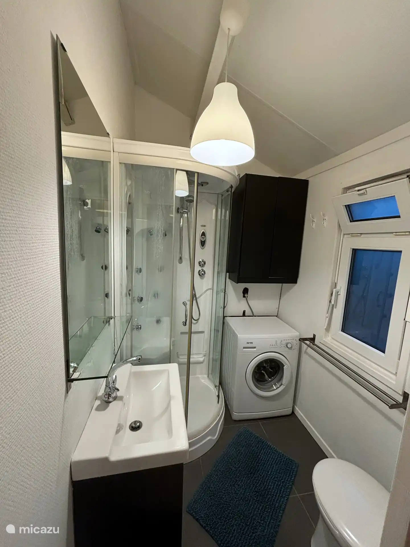 Salle de bain luxueuse avec cabine de douche avec jets de massage, toilettes, machine à laver et lavabo