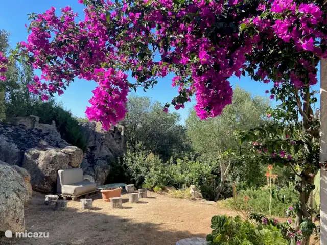 Leontine's Lodge in Sardinië huren in Italië, Sardinië, San Pantaleo - bungalow Doorkijkje onder de bougainville naar de door rotsen beschutte zithoek