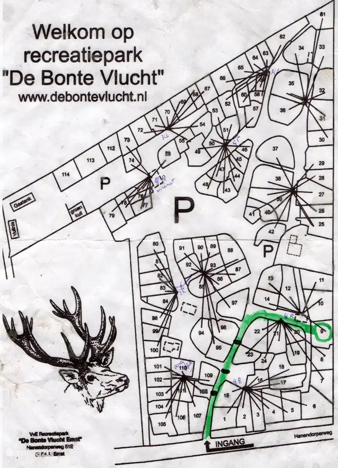 Map of the park with route to the Vosje, chalet no 8.