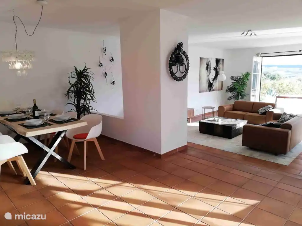 The living room and dining room