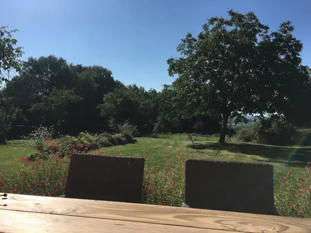 Fietsen, Frankrijk, Dordogne, Anlhiac, vakantiehuis Le Chatenet De hele dag door een zonnig terras