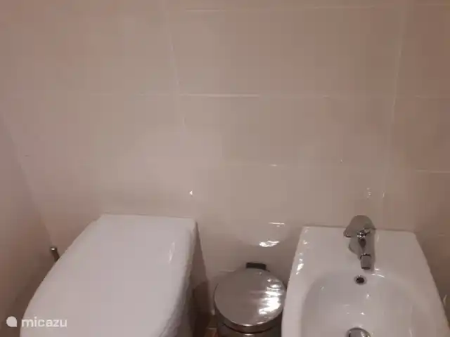 Location de Vacances Italie, Toscane, Borgo a Mozzano, maison de vacances - Ambra Semelle Salle de bain avec WC, bidet, lavabo, miroir, douche à l'italienne (rebord de 5 cm). A disposition également : sèche-cheveux, lave-linge et sèche-linge.