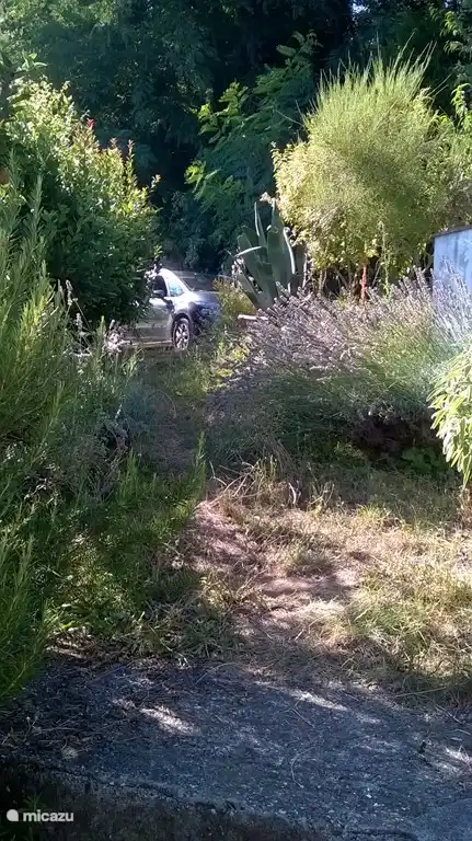 Straße zur Auffahrt; Parkplatz für 3 Autos hintereinander, eingezäunt + Tor und Türklingel. Tor kann geschlossen werden.