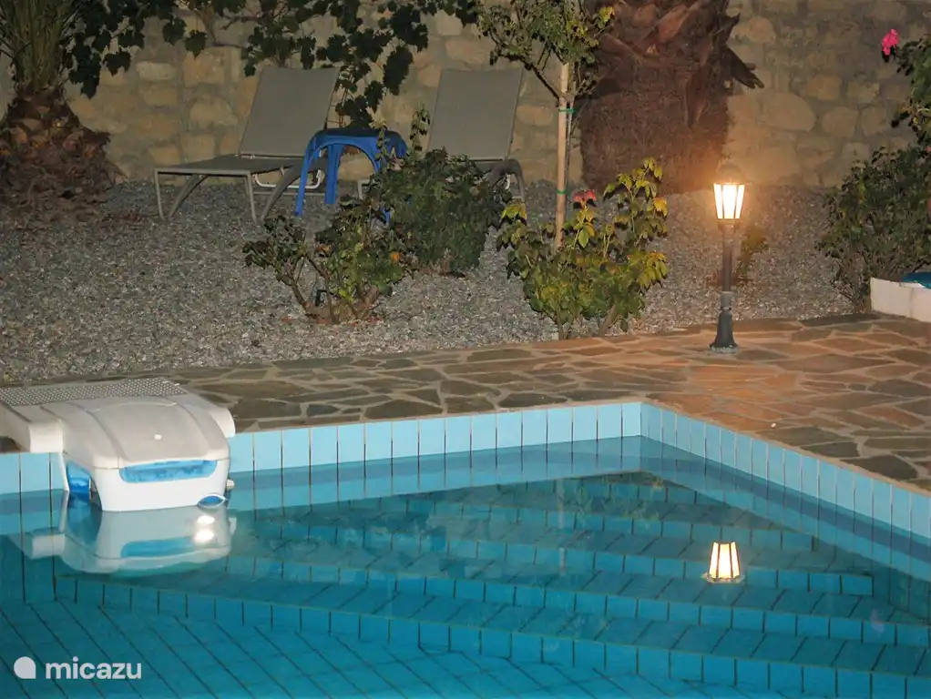 Garden and swimming pool at evening. There is a special walkway in the corner of the pool. Ideal for yourself and also for children.