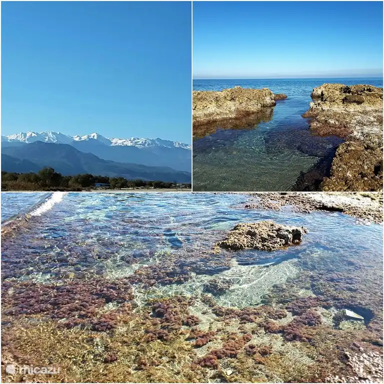 In the spring there is still snow on the mountains. The sea water is beautifully clear.