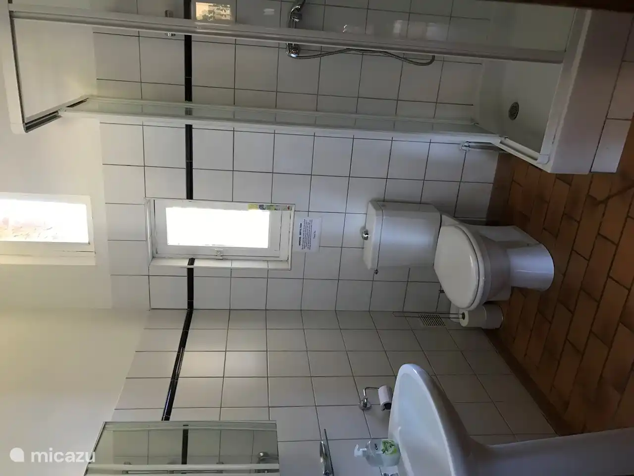 Badezimmer mit Dusche und WC und Waschbecken