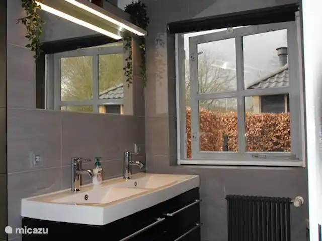 Sous le Toit du Brabant | Pays-Bas, Brabant-Septentrional, Mierlo - bungalow Salle de bain avec double vasque, baignoire et douche à l'italienne