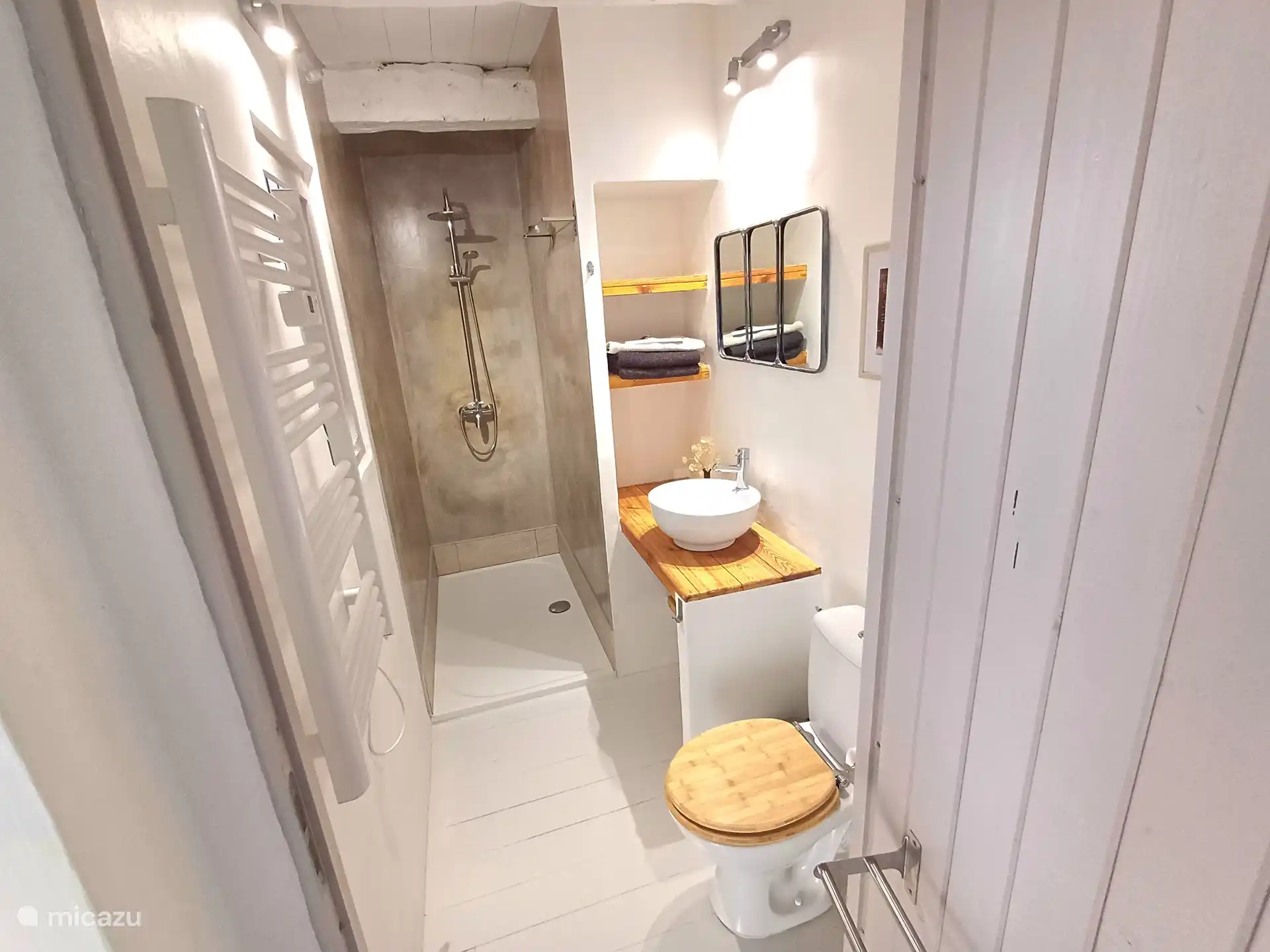 Ensuite Badezimmer mit begehbarer Dusche, Waschbecken, WC und Handtuchtrockner.