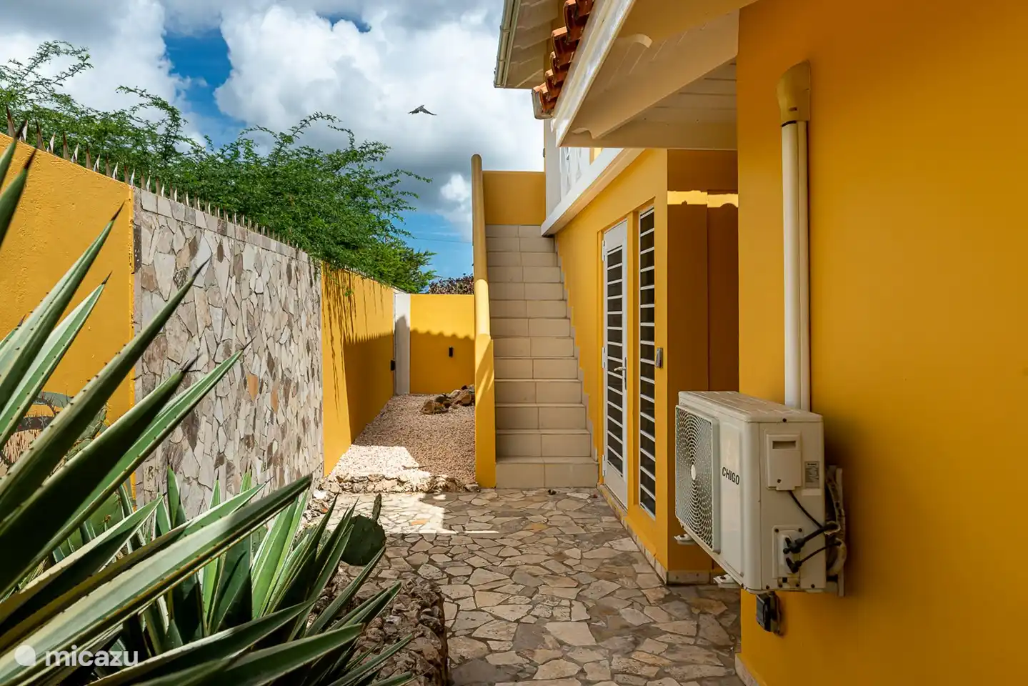 trap naar het overdekte boven terras waar het lekker uit waaien is  .Zicht op de groene omgeving waar vele soorten vogels  zitten zoals  trupials en parkieten 
