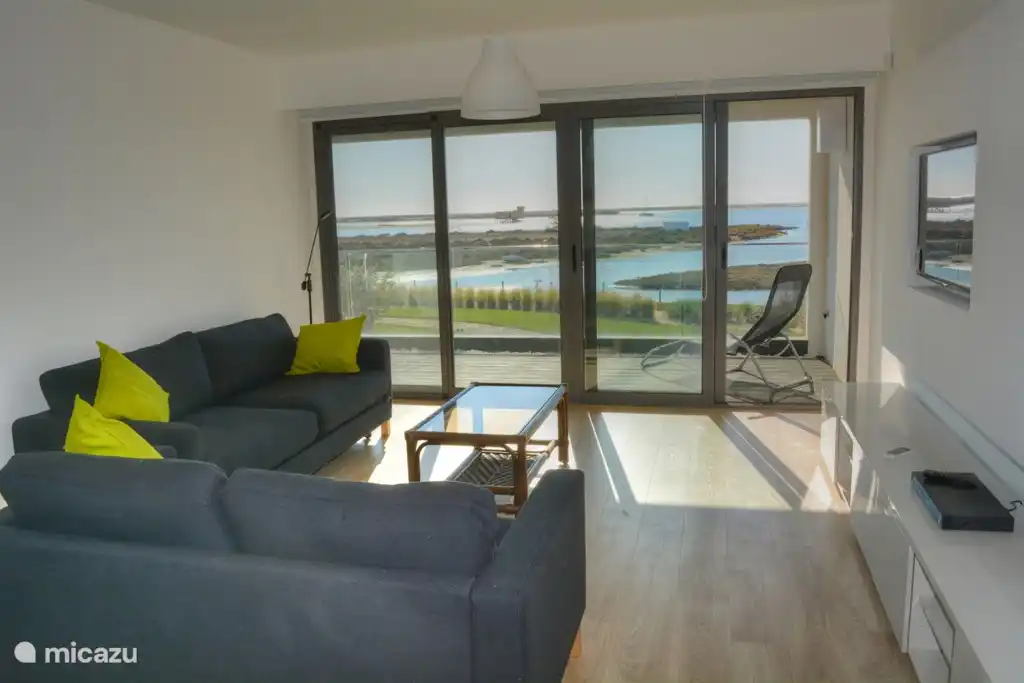 Salón con sofá, en contacto directo con amplia terraza.