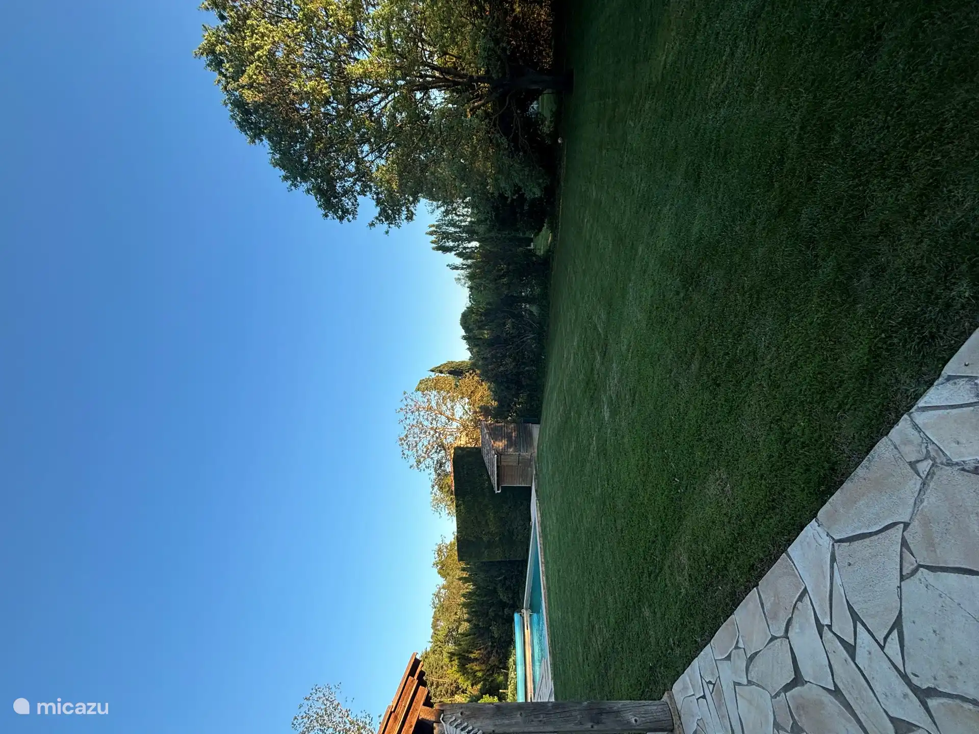 Ein frisch gemähter Rasen und das Schwimmbad in der Abenddämmerung.