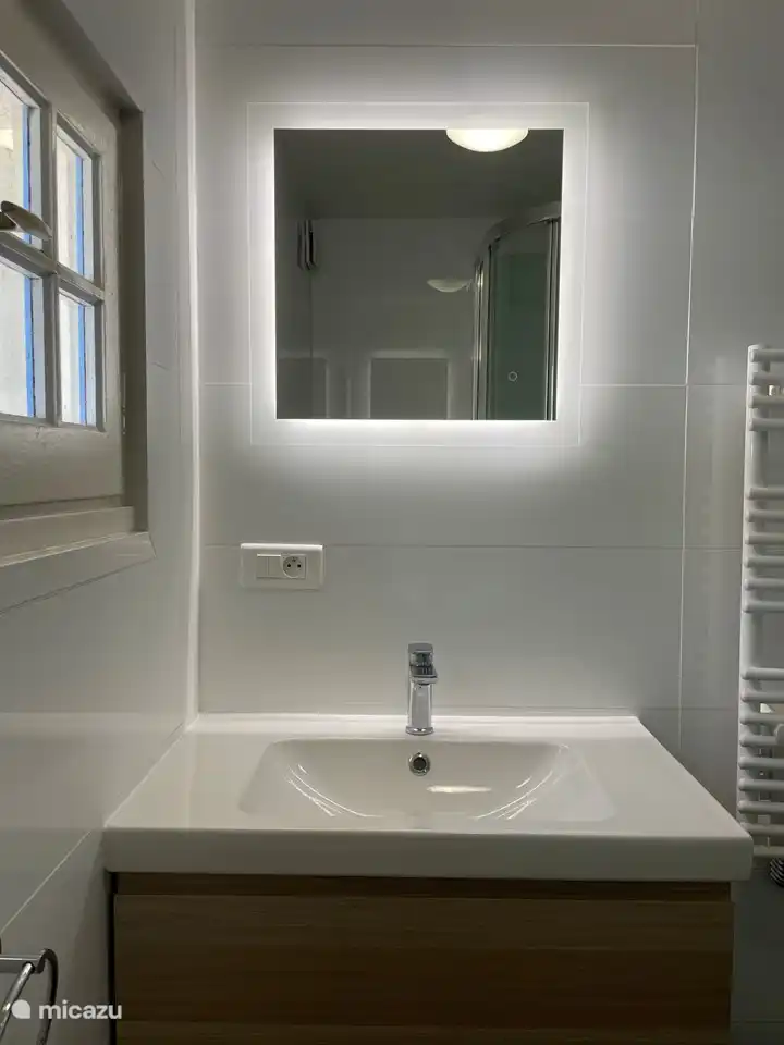 Badezimmer mit Duschkabine, Regendusche, Toilette, beleuchtetem Spiegel, Waschbecken mit Möbeln und Handtuchheizkörper.