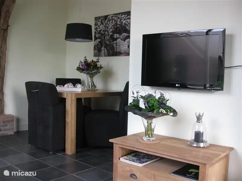 Woonkamer met zuid met eethoek. Vooraan de flatscreen ktv met digitenne. In het tv meubel de blueray dvd speler