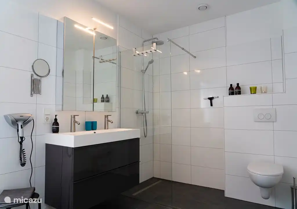 Gastenbadkamer met stortdouche, badkamermeubel en whirpool.