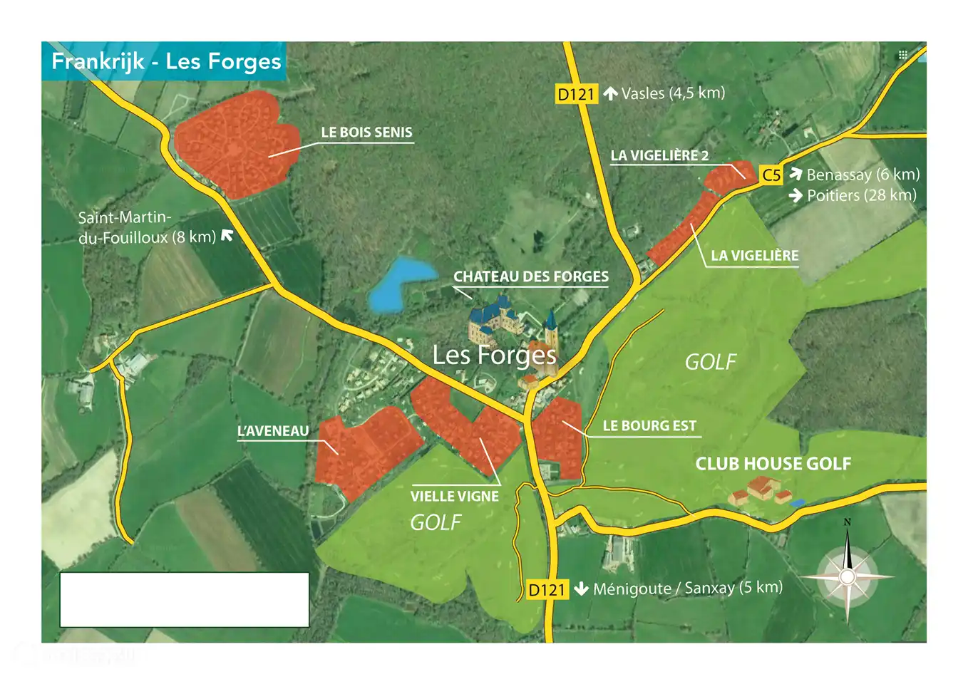 Plan d'ensemble avec le parc de la villa, la position par rapport au château, aux autres villages et aux principaux golfs