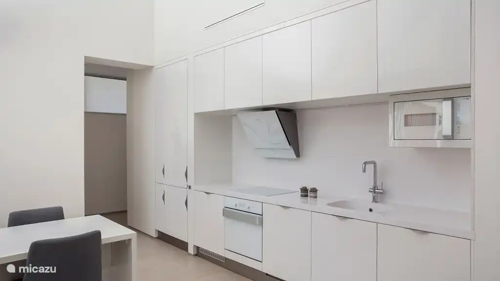 La cuisine avec vue sur le hall d'entrée.