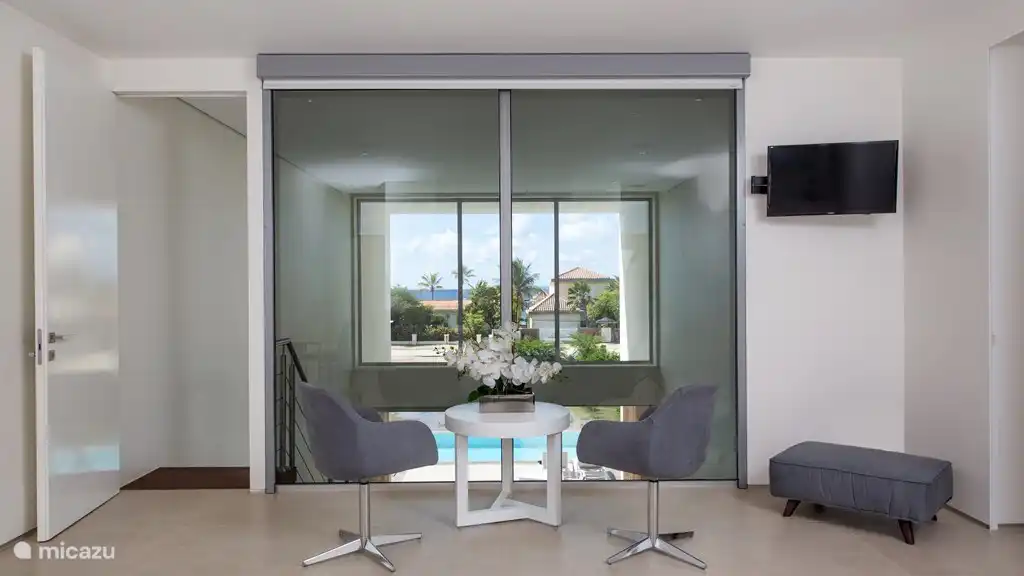 Vu de la chambre à l'étage. Il y a des écrans de confidentialité et d'occultation automatiques.