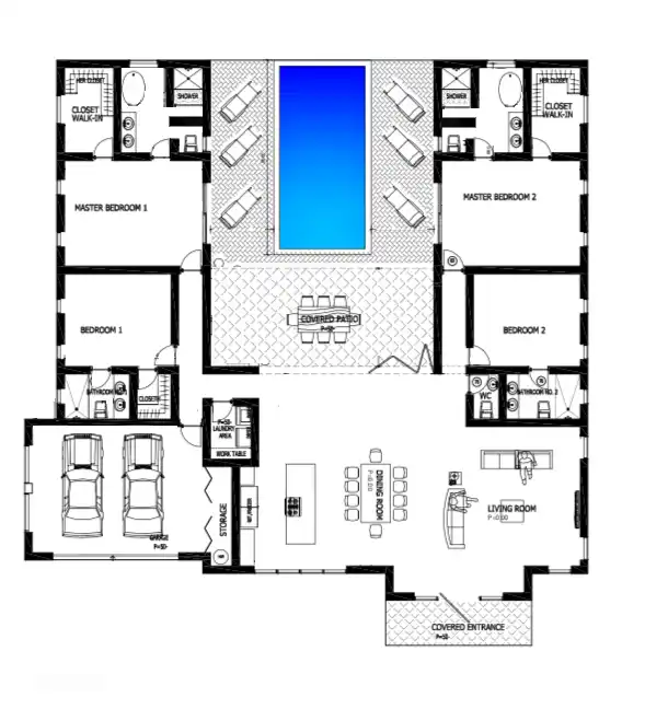 Das einzigartige U-förmige Design der Villa. Mit einer Wohnfläche von ca. 400 m2 (Innenraum). Die Hauptschlafzimmer, die Küche und der Gemeinschaftsraum haben direkten Zugang zum Poolbereich.