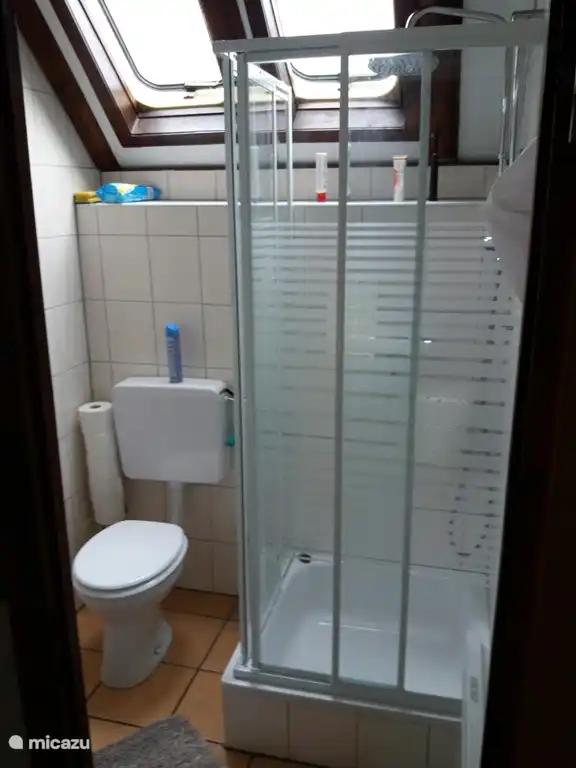 De badkamer met toilet en vaste wastafel, ook op de tussenverdieping