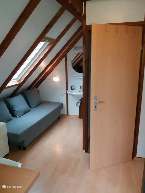 Slaap-/werkkamer met bedbank. Ook hier een wastafel met warm en koud stromend water