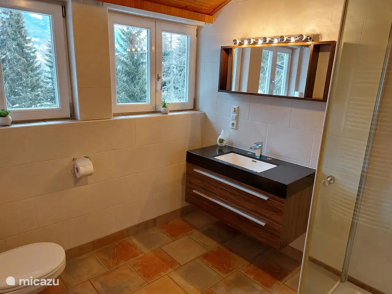 Badkamer met uitzicht op de berg