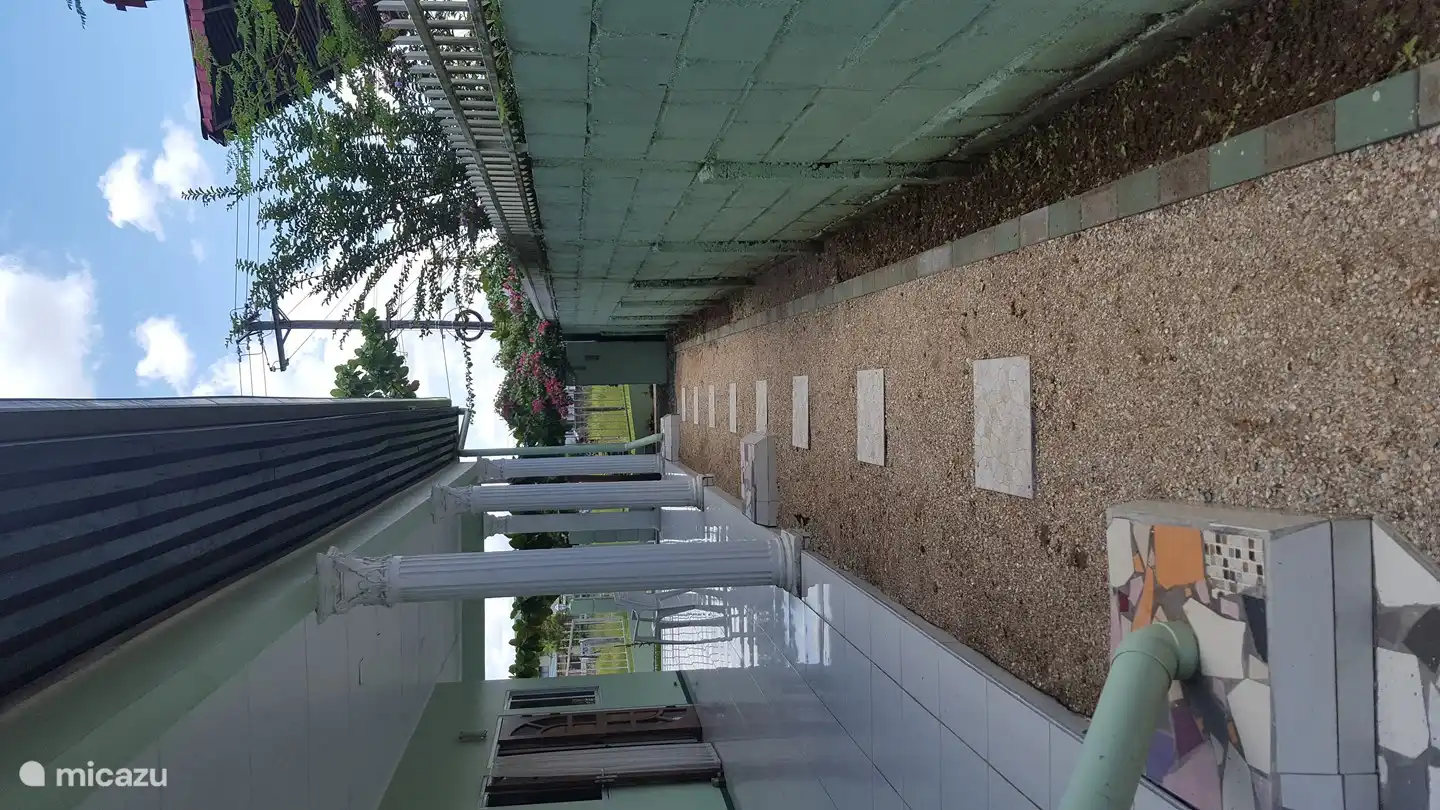 Lado izquierdo al lado de la terraza con camino embaldosado