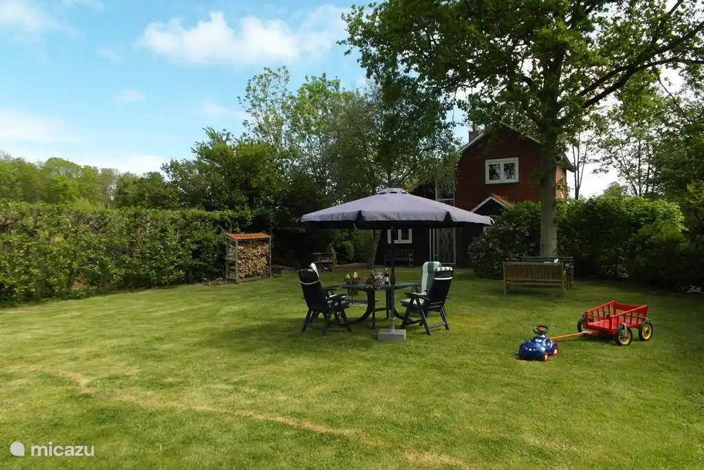 Großer sonniger Garten mit Möbeln und Grill. Ein Wagen für kleine Kinder.