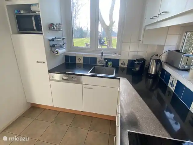 Cotule | Pays-Bas, Zélande, Oostkapelle - maison de vacances La cuisine a une large vue sur le jardin et le grand terrain.