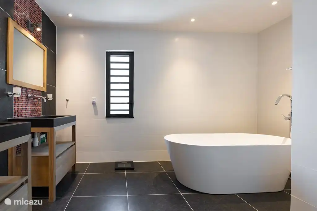 Master-Bad mit Doppelwaschbecken, Badewanne, Dusche und einem separaten Raum mit WC und Bidet