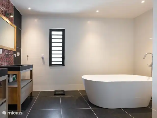 Villa Trupial huren in Curaçao, Banda Abou (west), Coral Estate, Rif St.Marie - villa Master badkamer met dubbele wasbak ,staand bad , douche en een aparte ruimte met toilet en bidet
