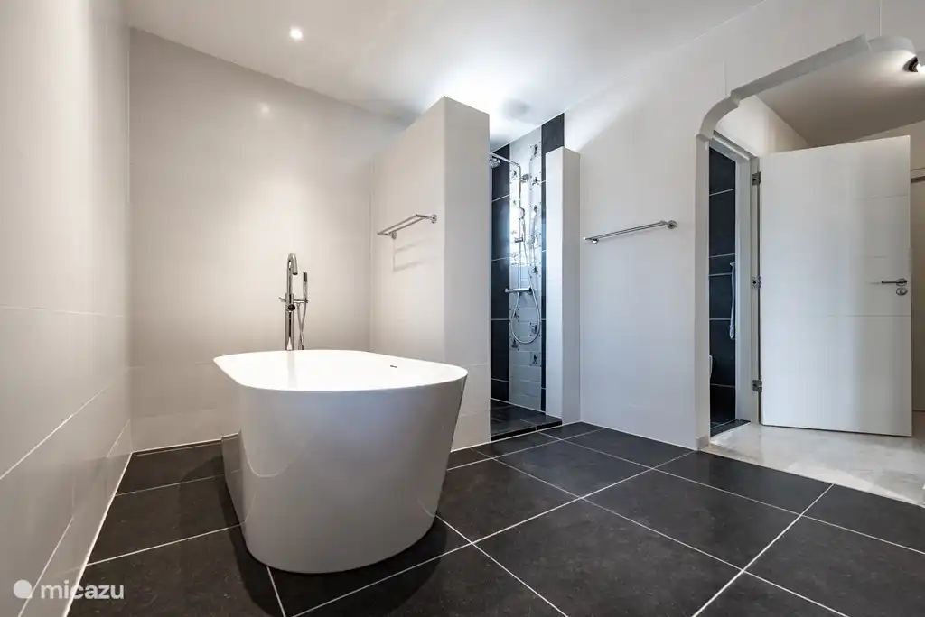 Master-Bad mit Doppelwaschbecken, Badewanne, Dusche und einem separaten Raum mit WC und Bidet