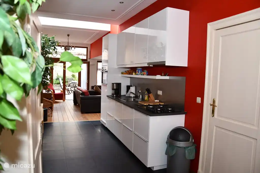 La cocina moderna con todo el equipamiento necesario; estufa de gas, refrigerador, horno de convecci&#243;n y microondas, lavavajillas y campana extractora.