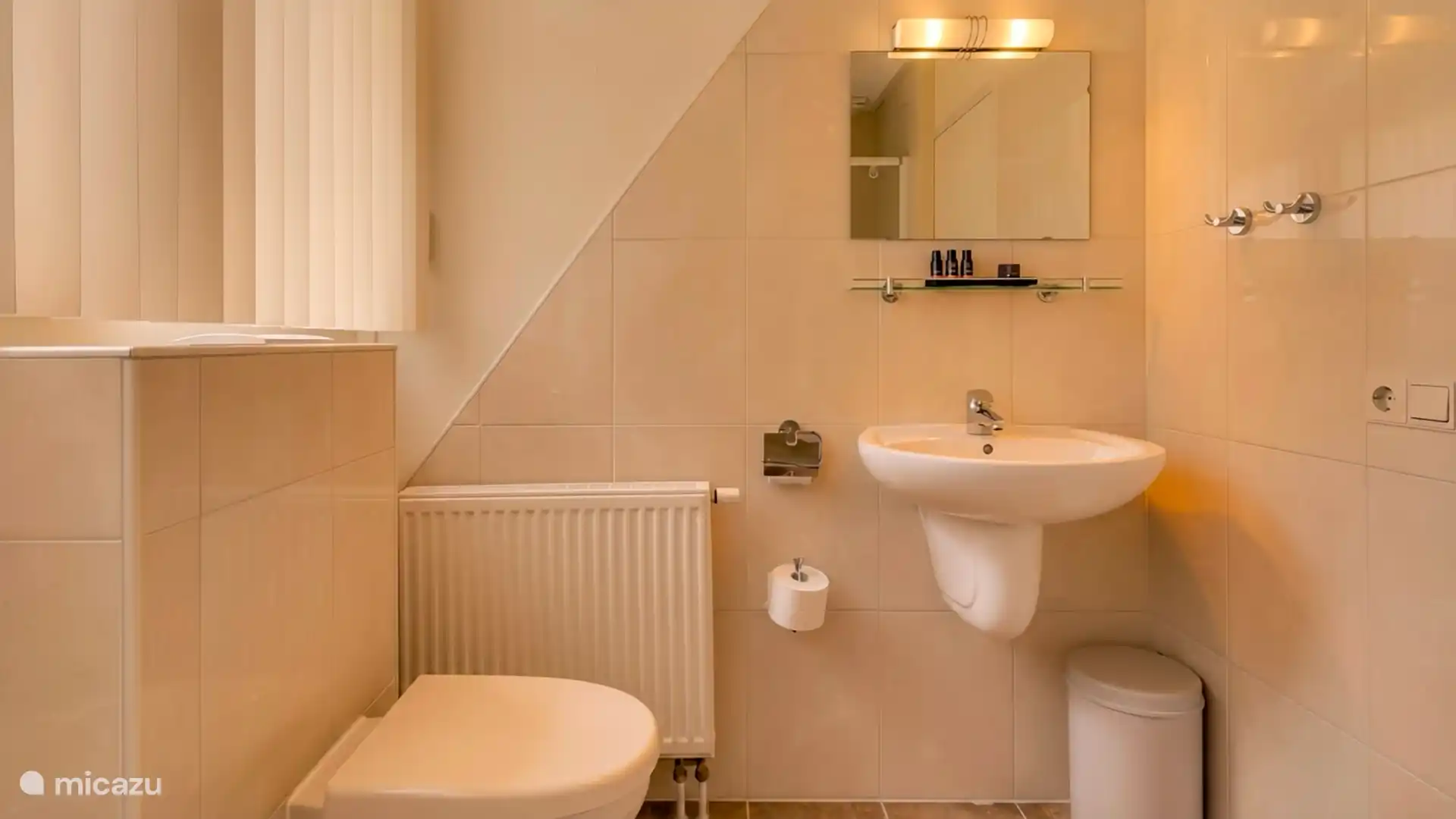 Badkamer op de eerste etage met wastafel, douchecabine, ligbad en toilet.