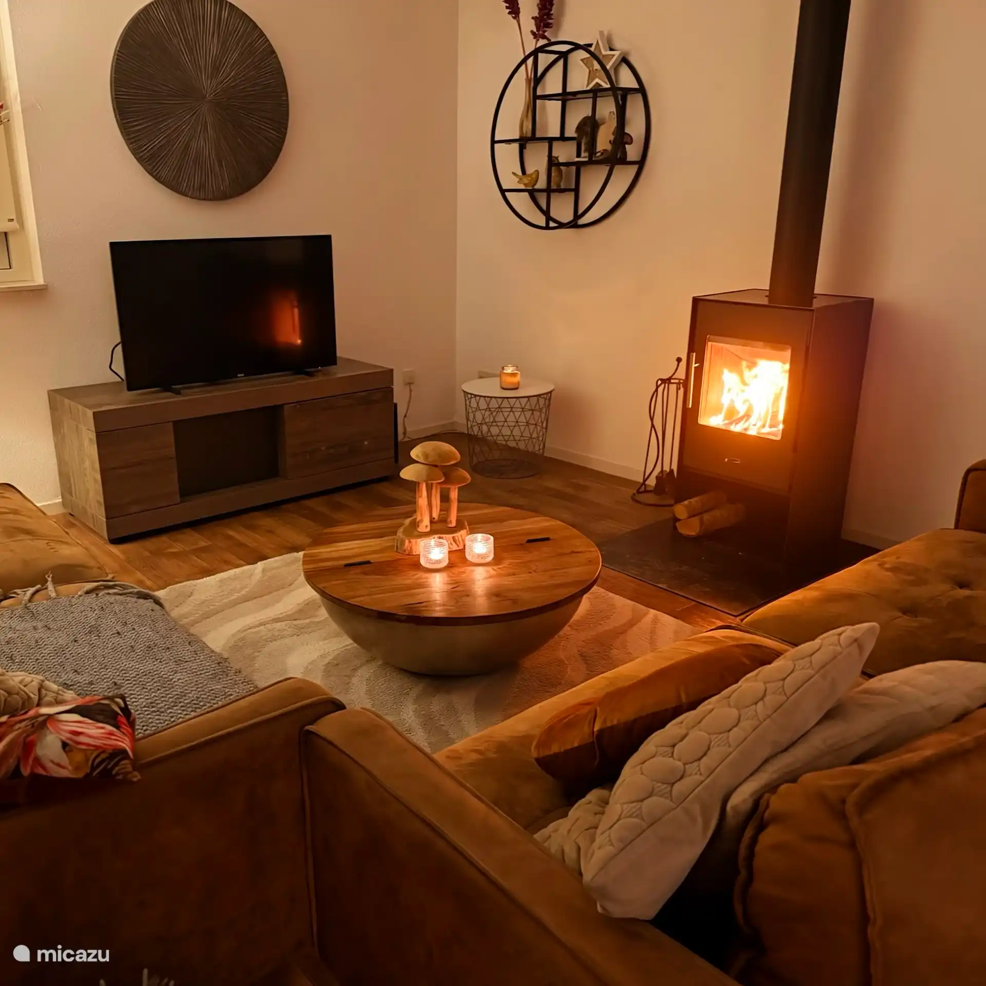 Woonkamer met sfeervolle houthaard en smart tv.