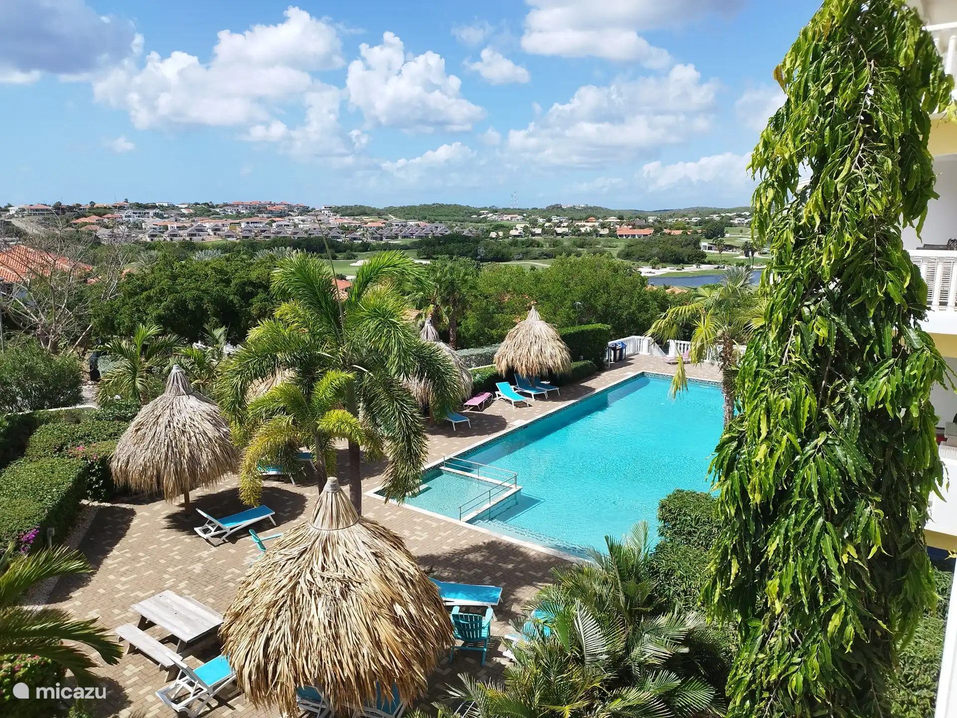Swimming pool at the apartment, with plenty of sunbeds and shaded areas.
