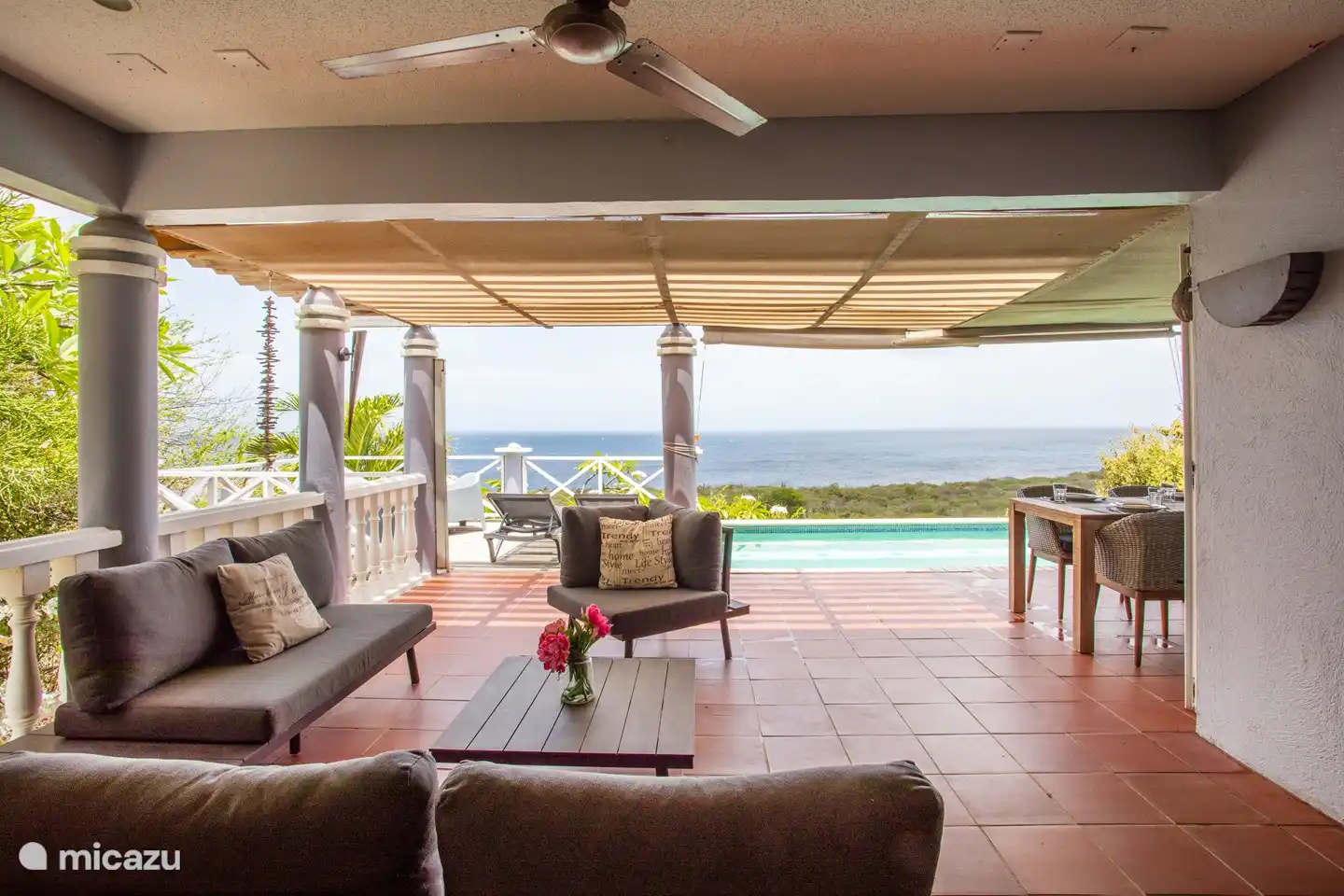 Terrasse piscine couverte avec vue mer